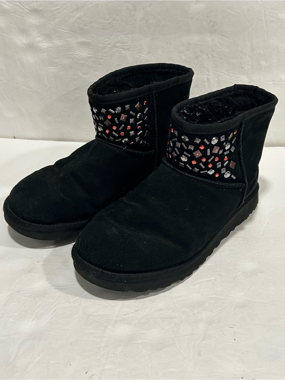 UGG Classic Mini Stud II Black Suede Crystal Embellished Boots Size 7 Bling
